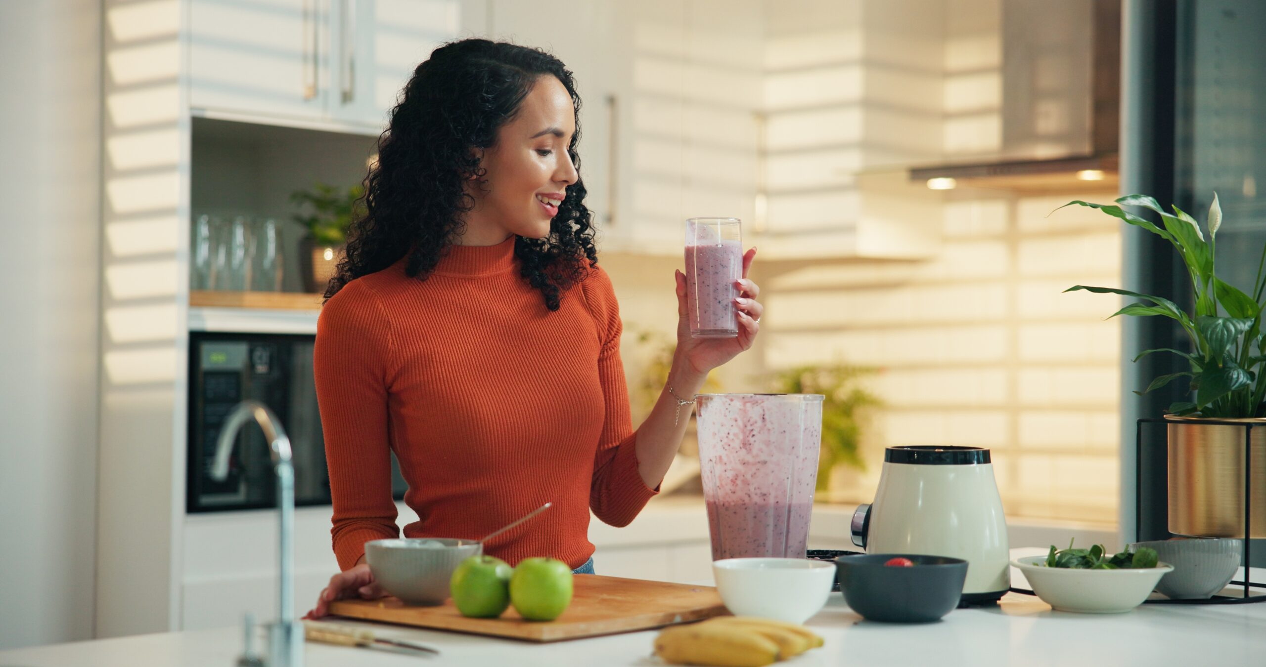 Woman,,Blender,And,Happy,With,Glass,In,Kitchen,For,Healthy